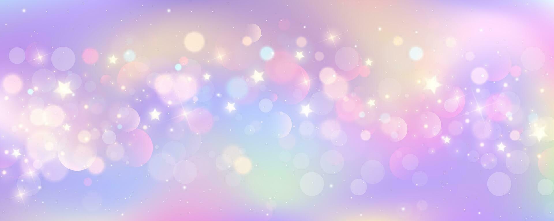 Purper eenhoorn achtergrond. pastel waterverf lucht met schitteren sterren en bokeh. fantasie heelal met holografische textuur. magie marmeren ruimte. vector