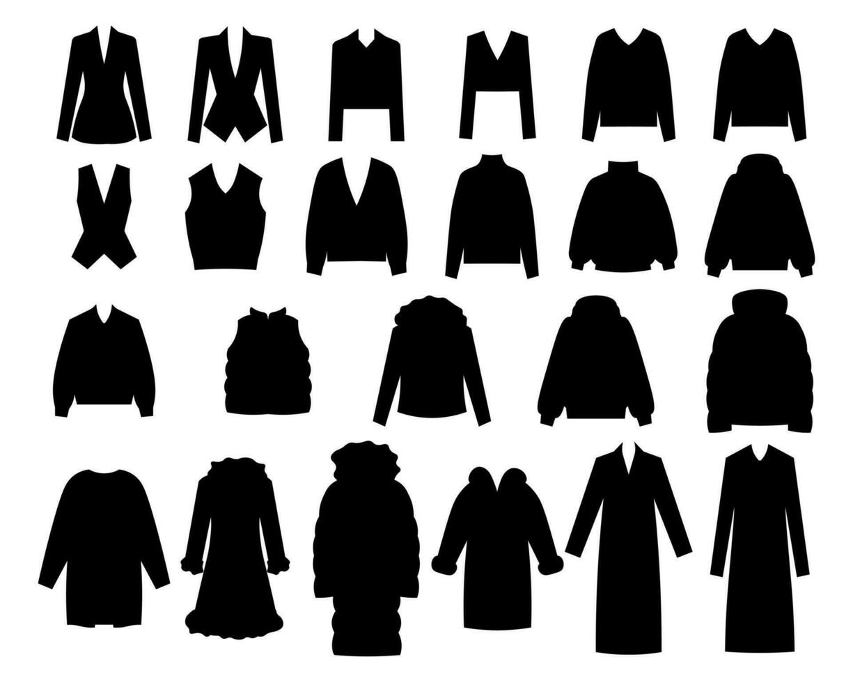reeks van kleren trui, trui, jasje, jas, hesje, bovenkleding, met dons gevoerd jas, vacht jas vector