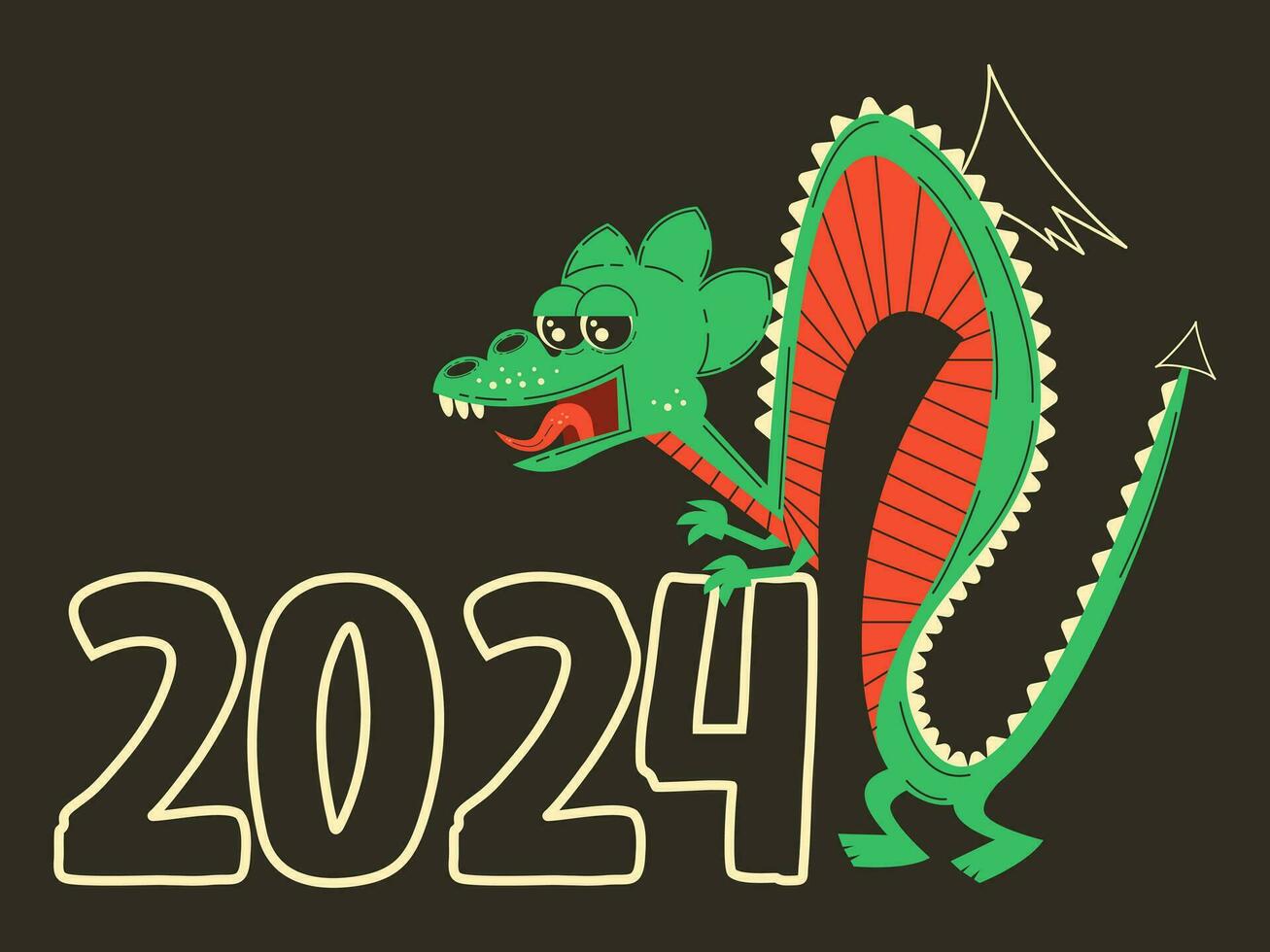 vrolijk groen draak karakter in retro stijl. jaar van de draak. gelukkig Chinese nieuw jaar 2024 groet kaart. vector