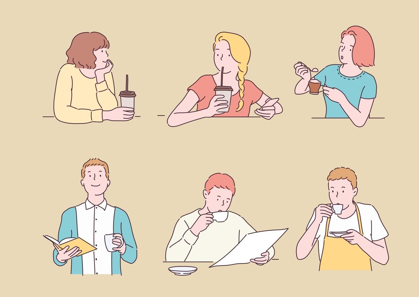 verzameling mensen die koffie drinken. handgetekende stijl vectorontwerpillustraties. vector