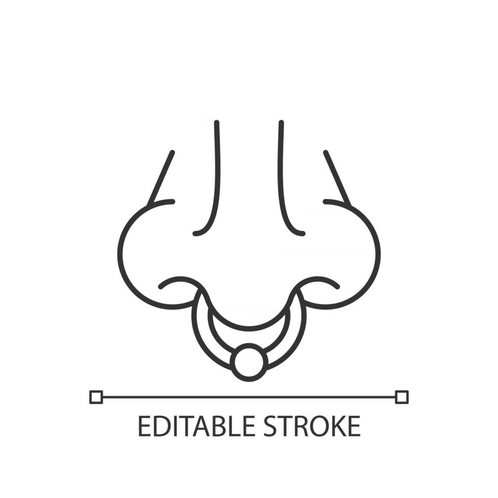 neus piercing lineaire pictogram. professionele procedure om sieraden in neusgaten te injecteren. dunne lijn aanpasbare illustratie. contour symbool. vector geïsoleerde overzichtstekening. bewerkbare streek