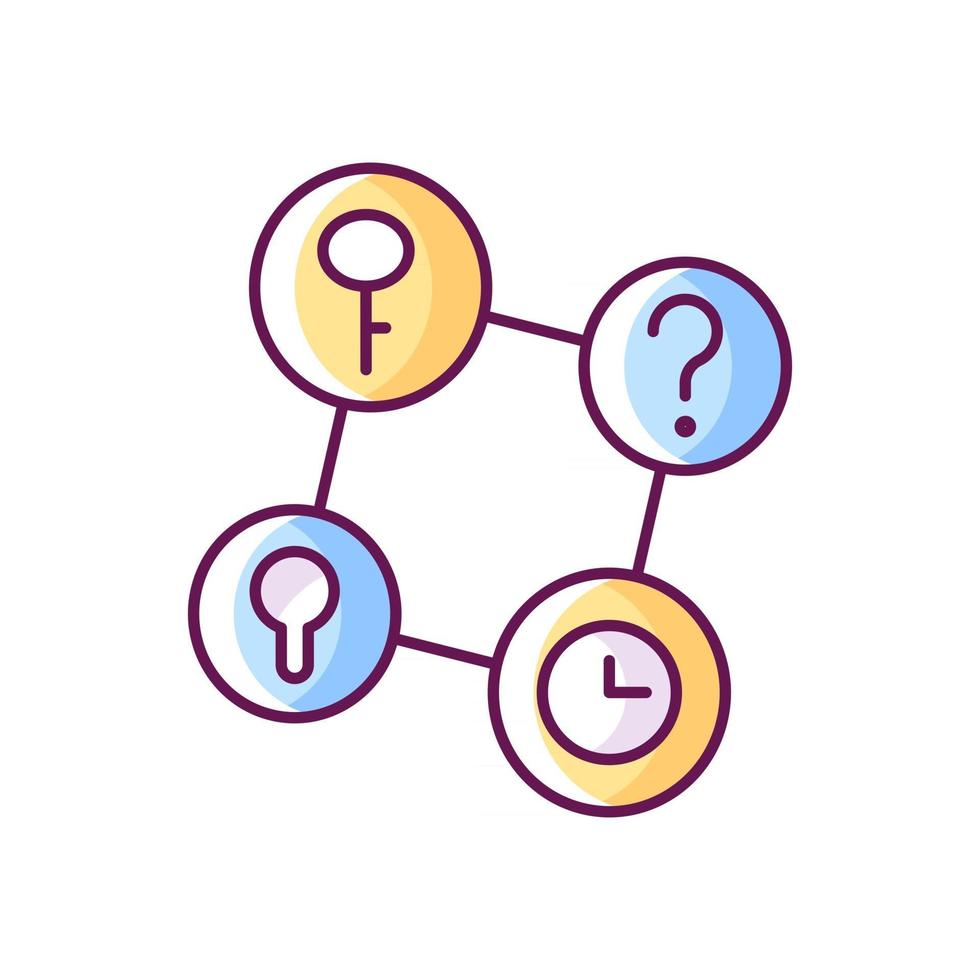 verbindende feiten rgb kleurenpictogram. denk spel. vraag analyseren. puzzels oplossen, aanwijzingen voor raadsels. onderdeel van een mysterieuze zoektocht. geïsoleerde vectorillustratie. escape room eenvoudige gevulde lijntekening vector