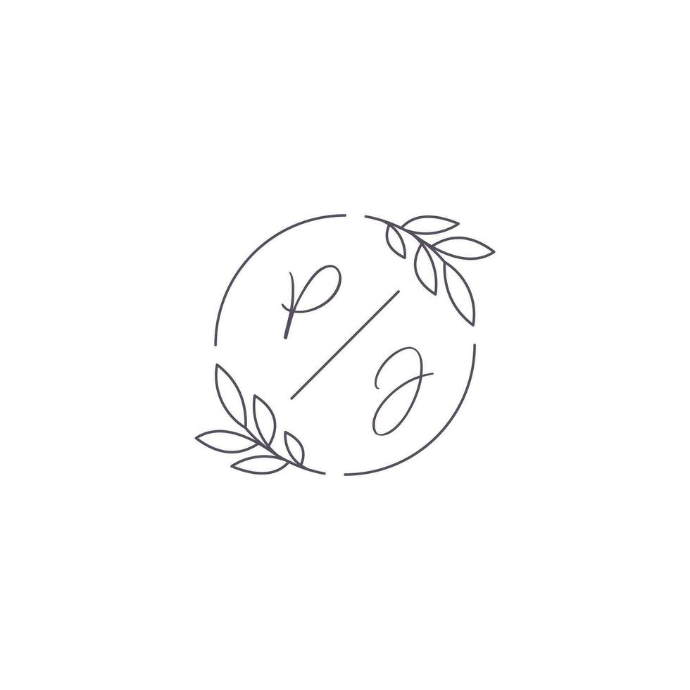 initialen pj monogram bruiloft logo met gemakkelijk blad schets en cirkel stijl vector