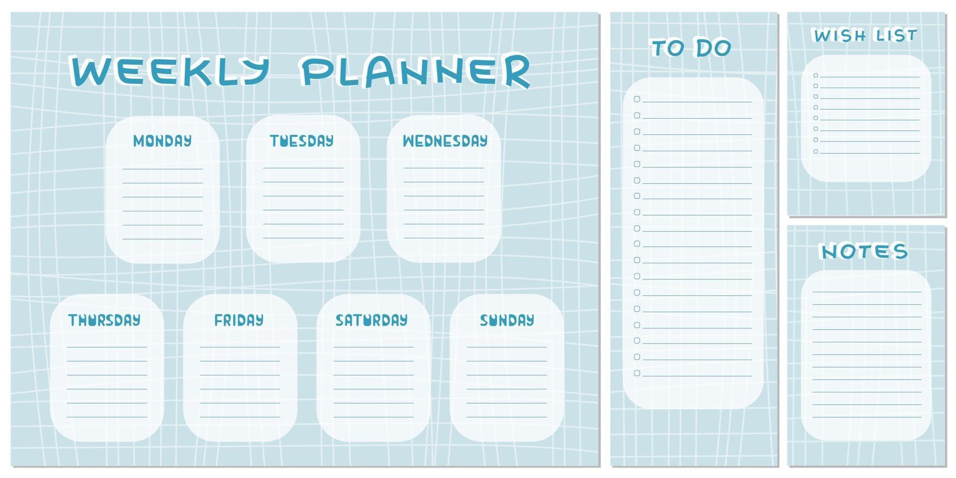 wekelijkse planner, takenlijst, notities, verlanglijstje op blauw en wit vierkant patroon vector