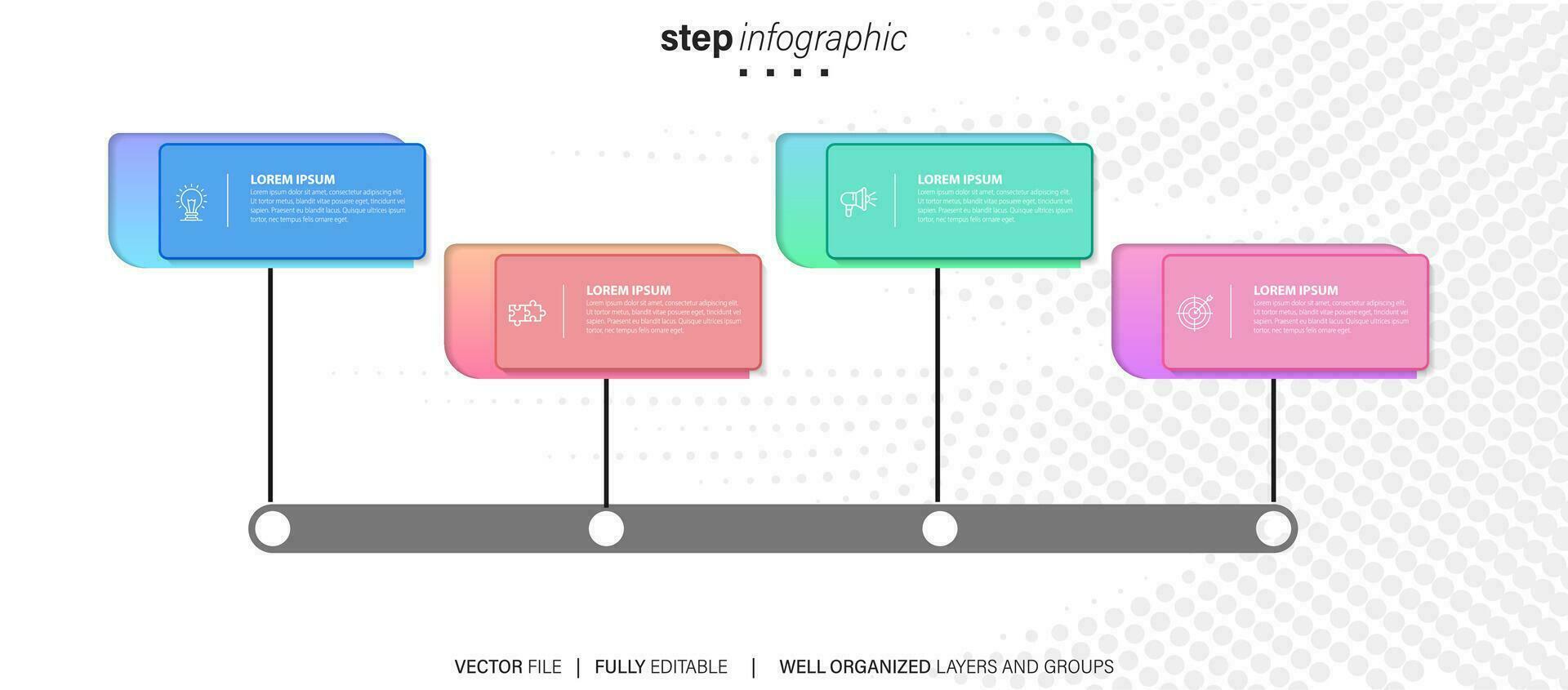 tabel tijdlijn infographic sjabloon of element met 4 projecteren, werkwijze, stap, keuze, kleurrijk bar, pijl, minimaal, modern stijl voor uitverkoop schuiven, planner, werkstroom, stappenplan, web vector