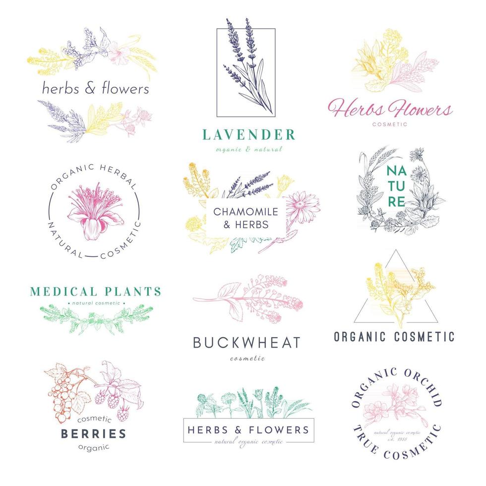 biologische cosmetische logo producten handgetekende vector set