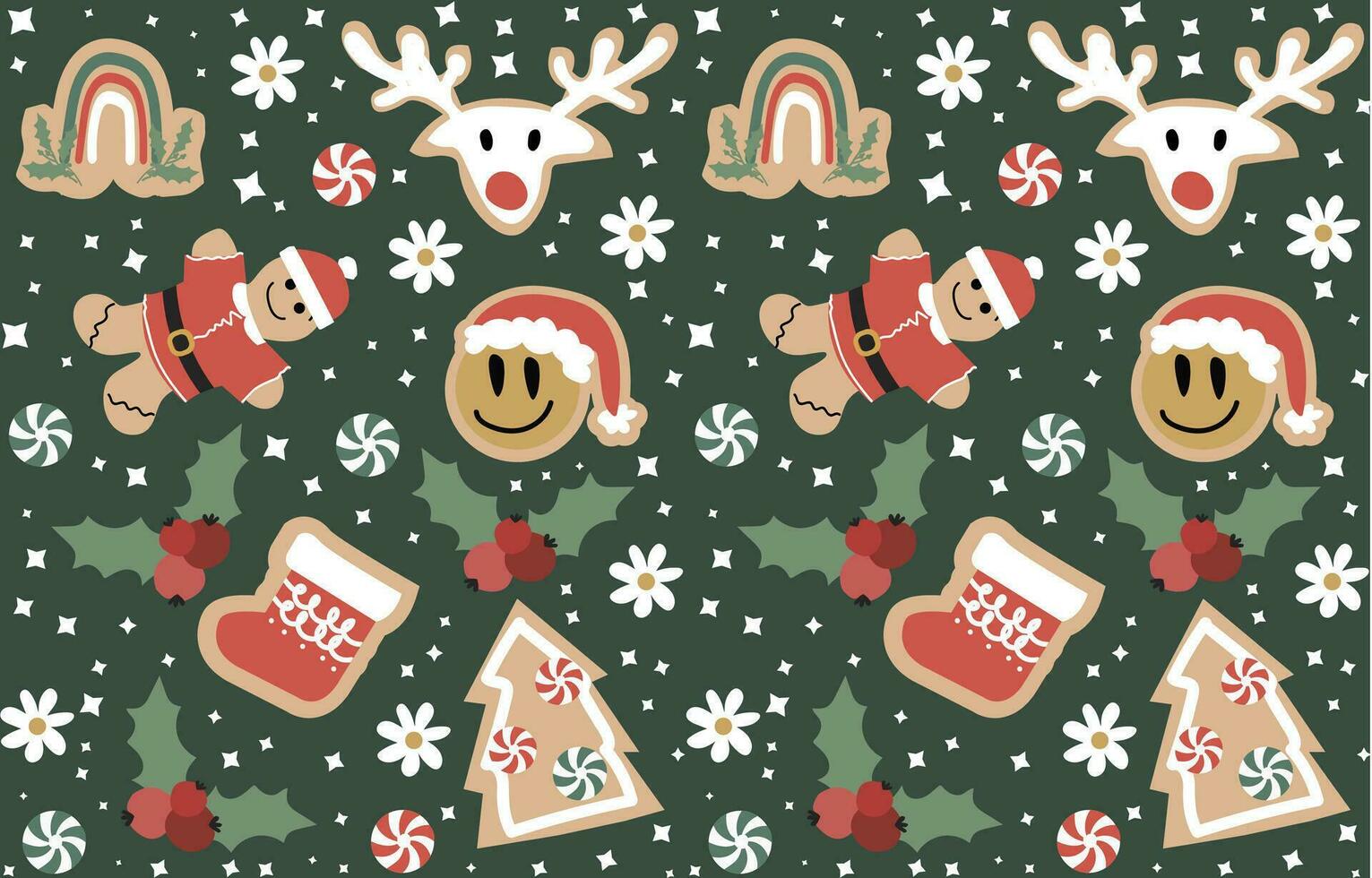 groovy Kerstmis naadloos patroon met peperkoek koekjes en jaren 70 madeliefjes. vector