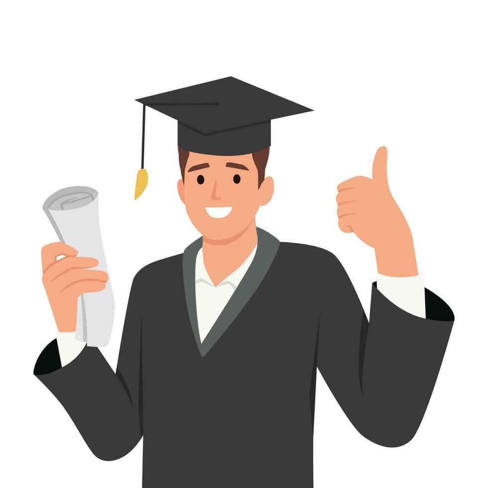 gelukkig jong afstuderen Mens in diploma uitreiking japon en hoed Holding diploma en certificaat tonen duim omhoog. vector