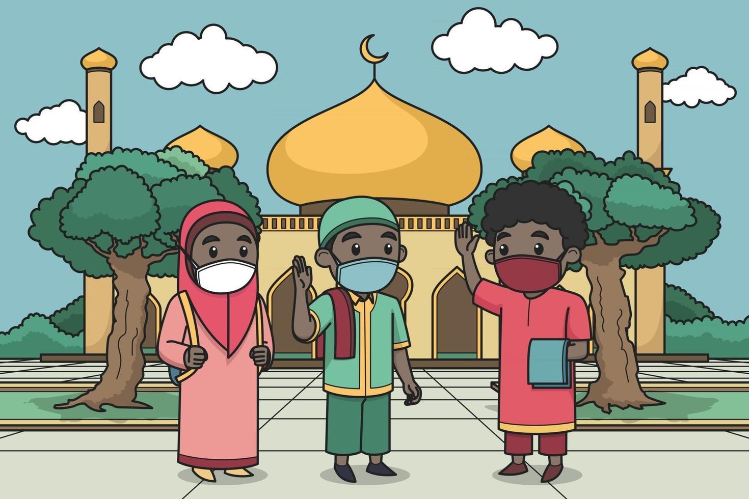 Afrikaanse moslimkinderen zwaaien naar elkaar op de binnenplaats van de moskee die ramadan viert in een pandemische situatie. vector. kinder boek. vector