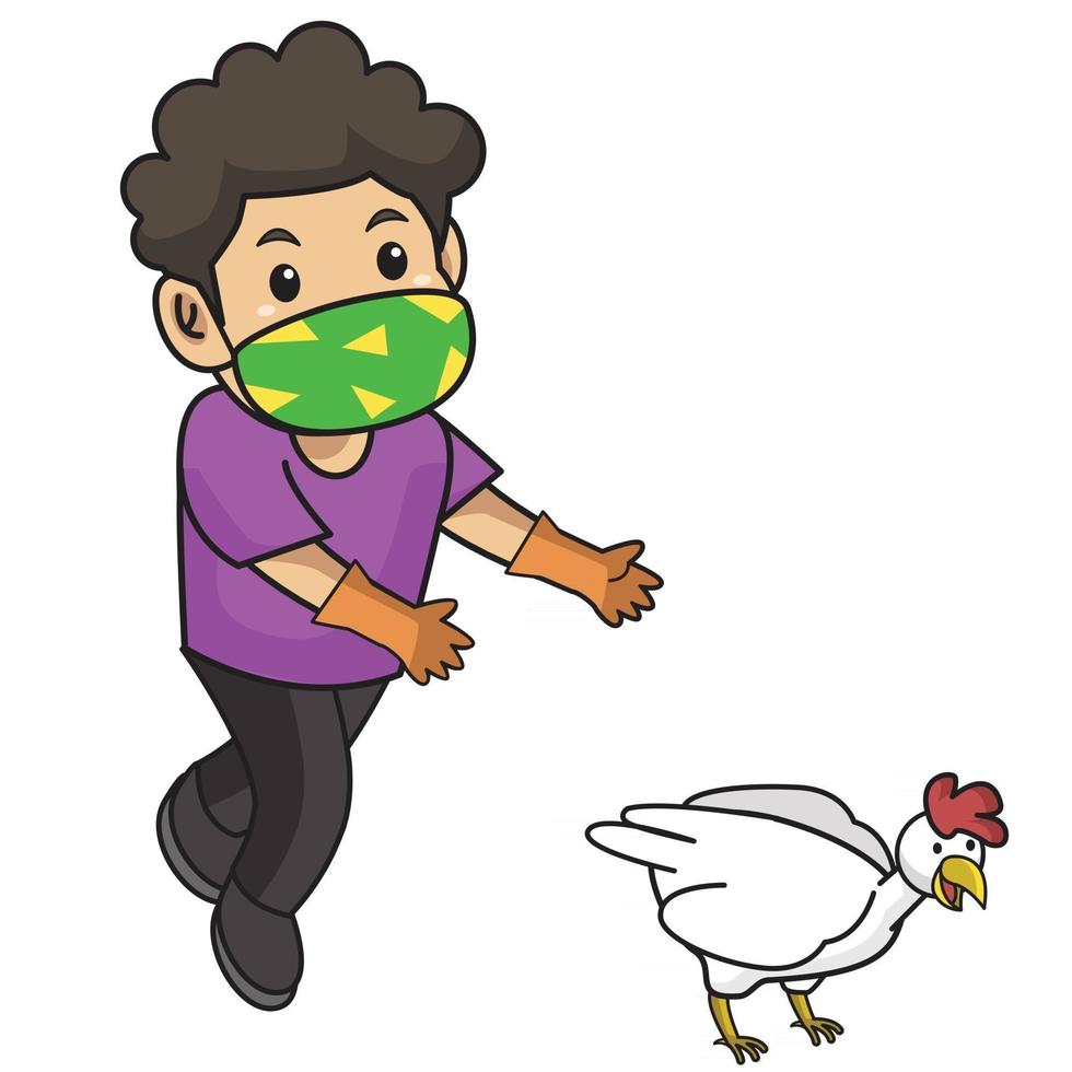 kind probeert kip te vangen, actief in boerderij met behulp van mask.character illustratie. vector