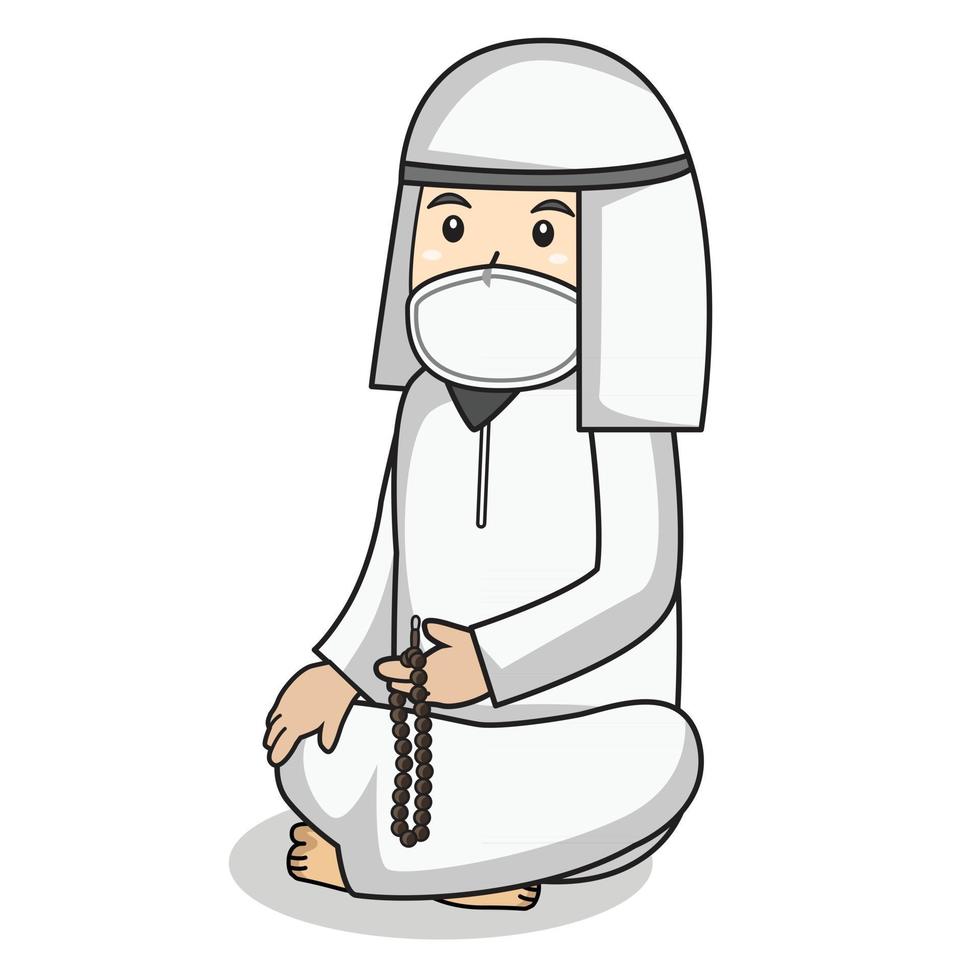 moslim man gebruik witte jurk traditionele moslim. tasbih vasthouden en bidden in de ramadan-maand, met behulp van een masker en een gezond protocol. karakterillustratie. vector