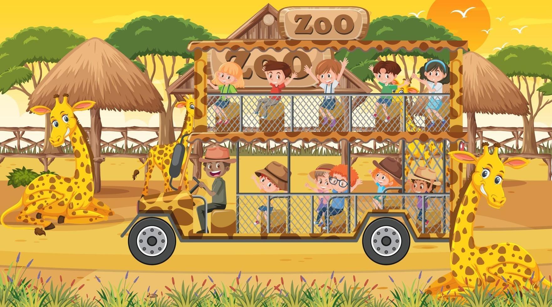 safari in de scène van de zonsondergangtijd met kinderen die op girafgroep letten vector