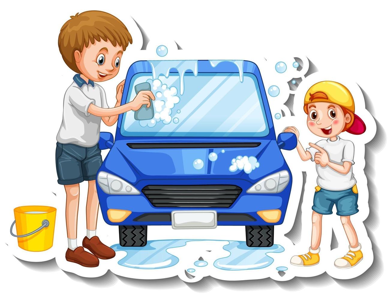 een stickersjabloon met vader die auto wast met zijn zoon vector