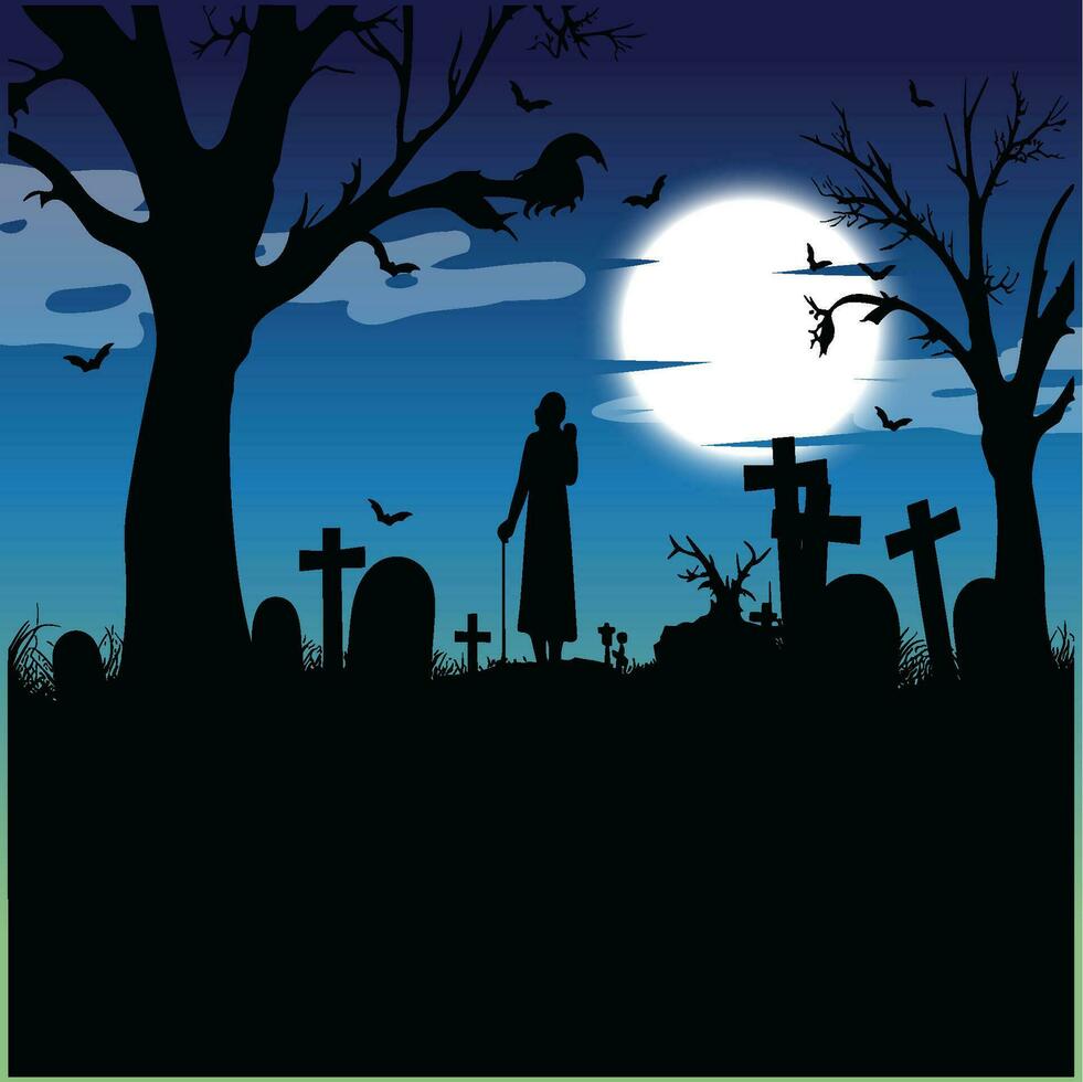 een heks in een spookachtig begraafplaats onder de maanlicht vector