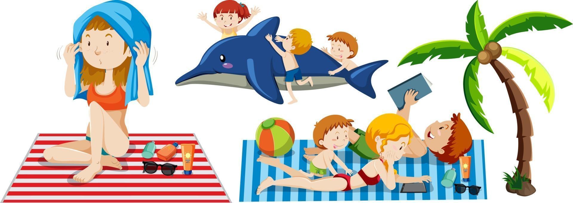 zomer strand thema met stripfiguur van veel kinderen geïsoleerd vector