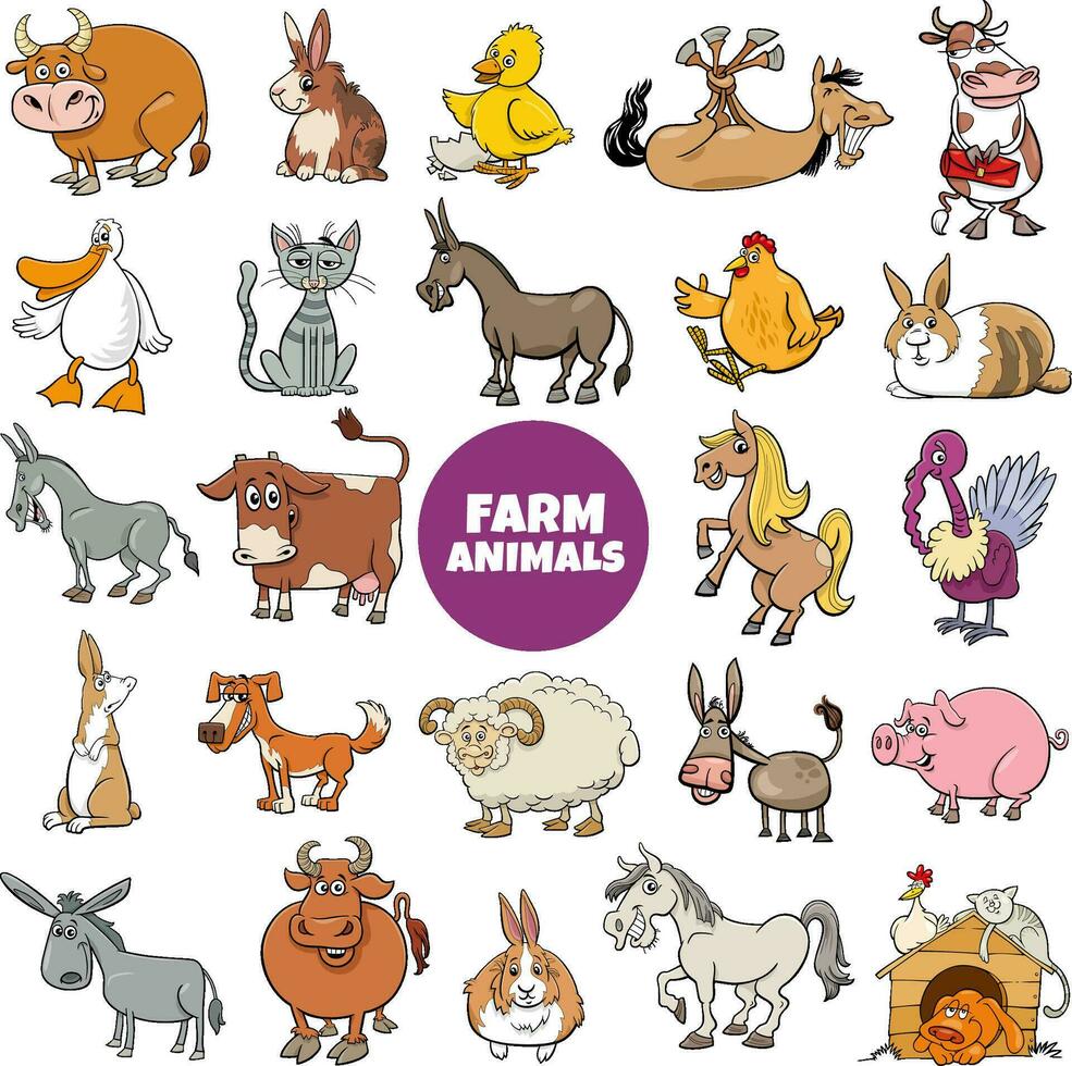 grappige cartoon boerderij dieren karakters grote set vector