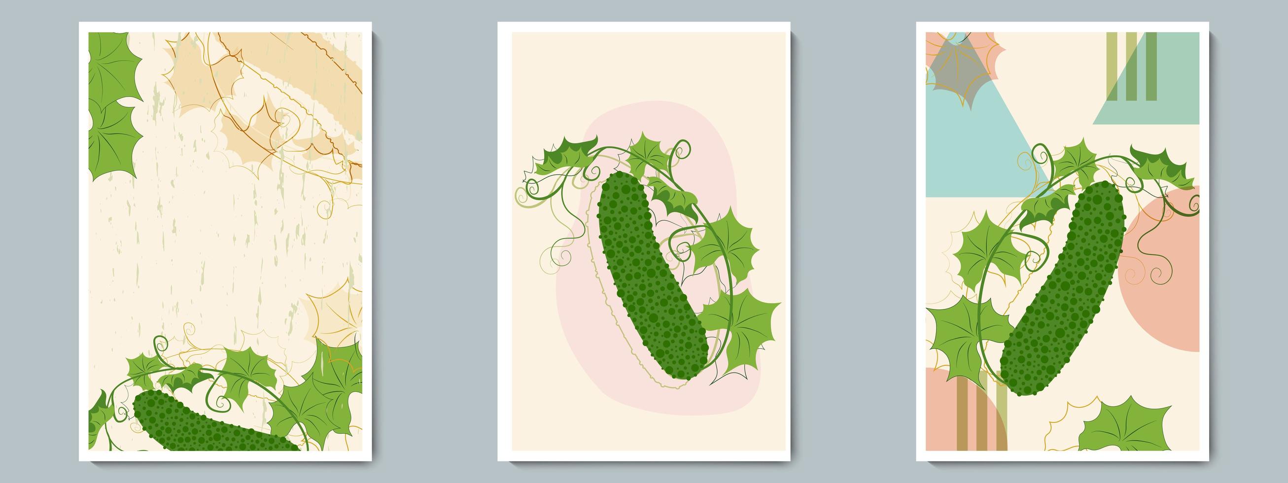 komkommer muur kunst kleurrijke poster set minimalistische groente met eenvoudige, geometrische vorm, contour en groene bladeren vector