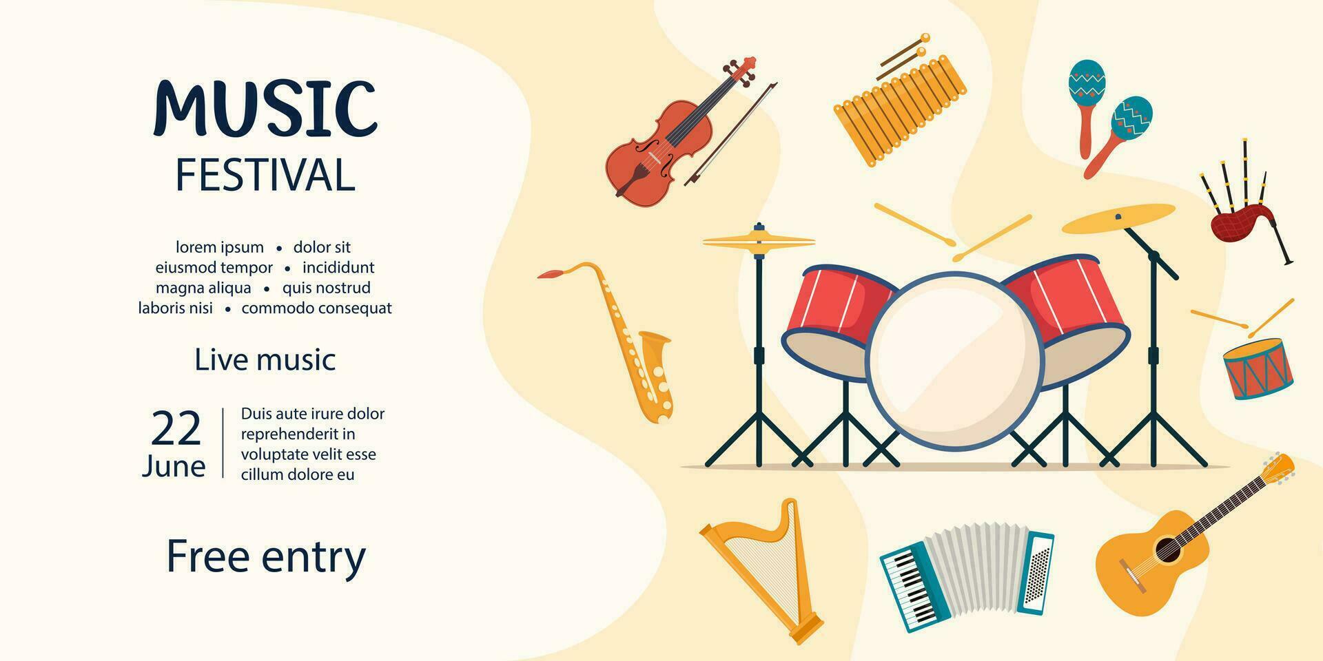 muziek- festival uitnodiging. musical instrumenten. gitaar, viool, harp, hakkebord, maracas, gitaar, trommel uitrusting, doedelzak, saxofoon. vector illustratie.