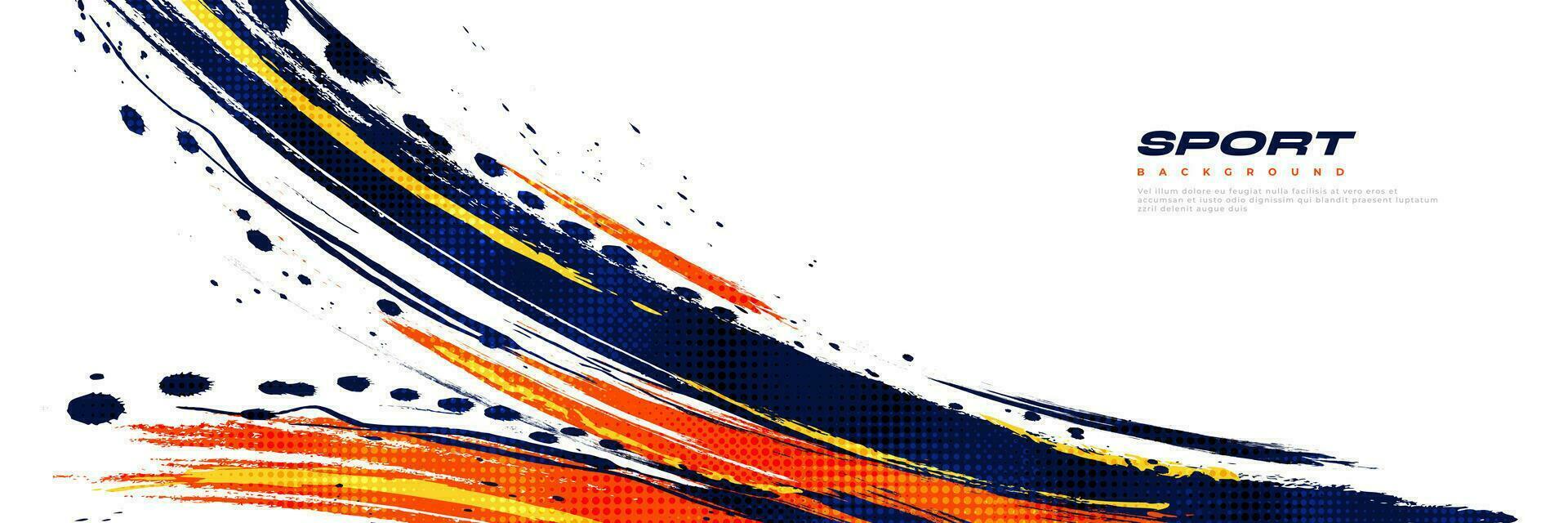 abstract blauw en oranje borstel achtergrond met halftone effect. sport achtergrond. borstel beroerte illustratie voor banier of poster. krassen en structuur elementen voor ontwerp vector