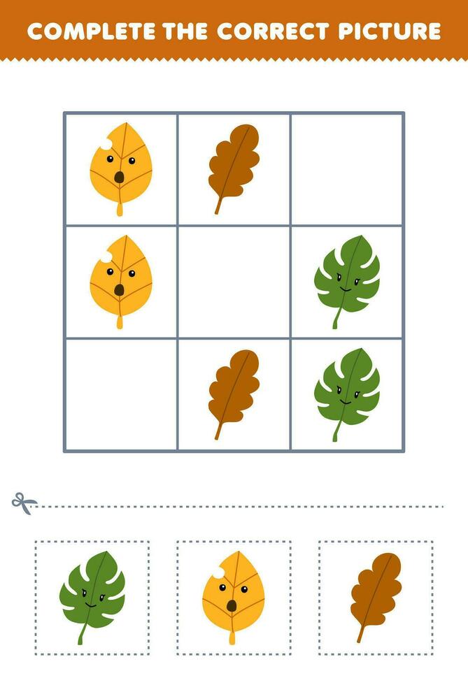 onderwijs spel voor kinderen compleet de correct afbeelding van een schattig tekenfilm bladeren afdrukbare natuur werkblad vector