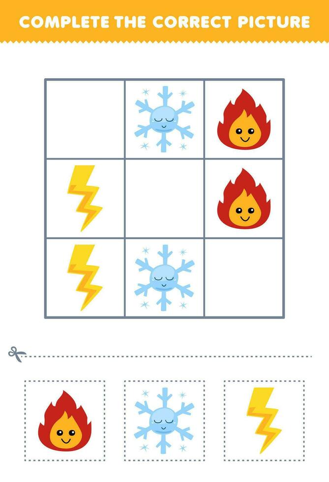 onderwijs spel voor kinderen compleet de correct afbeelding van een schattig tekenfilm brand sneeuwvlok en donder afdrukbare natuur werkblad vector