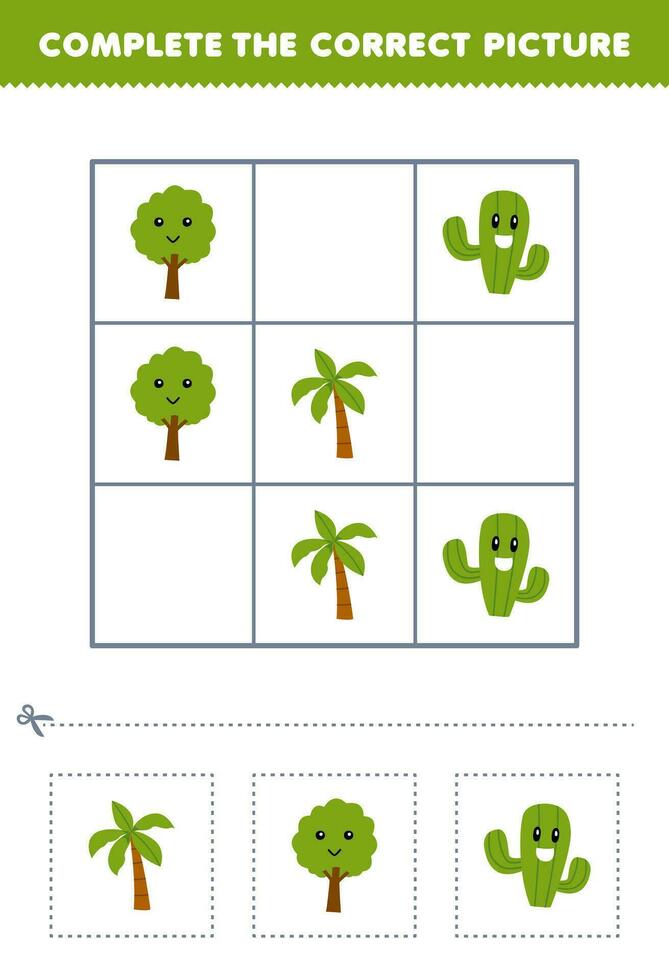 onderwijs spel voor kinderen compleet de correct afbeelding van een schattig tekenfilm palm boom en cactus afdrukbare natuur werkblad vector