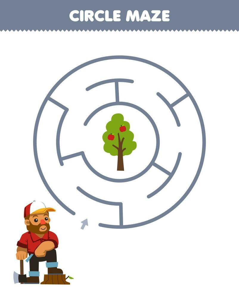onderwijs spel voor kinderen cirkel doolhof trek lijn helpen timmerman Actie naar de boom afdrukbare boerderij werkblad vector