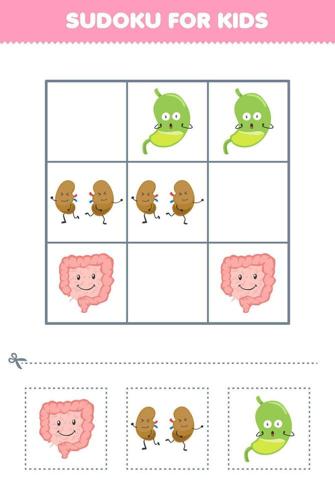 onderwijs spel voor kinderen gemakkelijk sudoku voor kinderen met schattig tekenfilm darm nieren en maag afdrukbare anatomie en orgaan werkblad vector