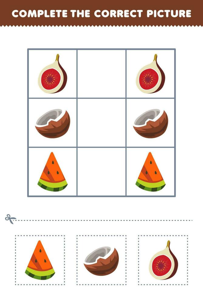 onderwijs spel voor kinderen compleet de correct afbeelding van een schattig tekenfilm watermeloen kokosnoot en fig afdrukbare fruit werkblad vector