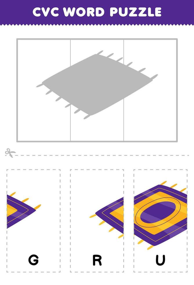 onderwijs spel voor kinderen naar leren cvc woord door compleet de puzzel van schattig tekenfilm tapijt afbeelding afdrukbare werkblad vector