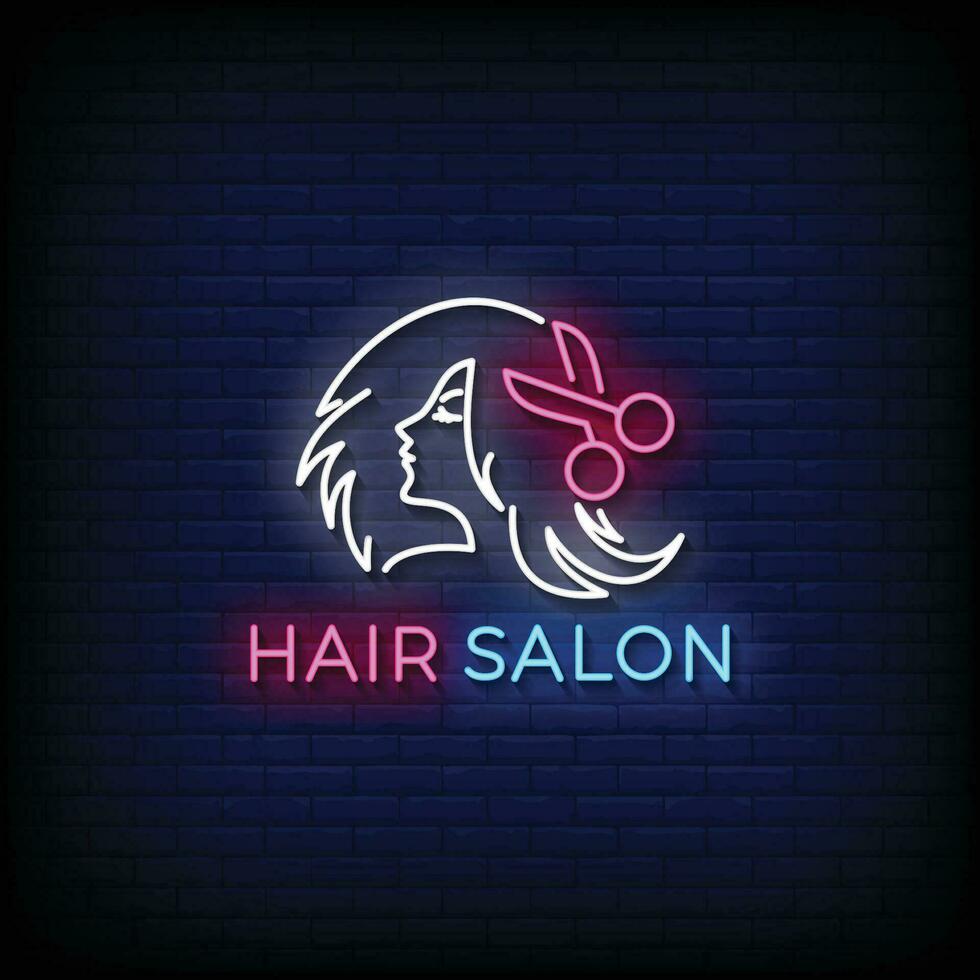 neon teken haar- salon met steen muur achtergrond vector