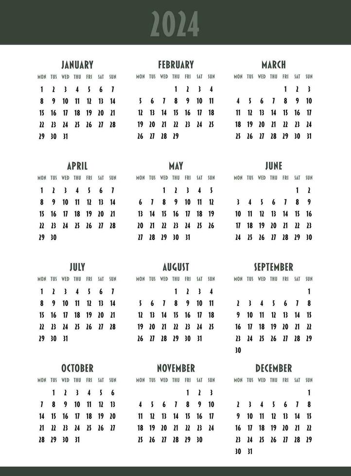 kalender 2024 jaar. week begint Aan maandag. ontwerp voor planner, afdrukken, briefpapier, organisator. vector