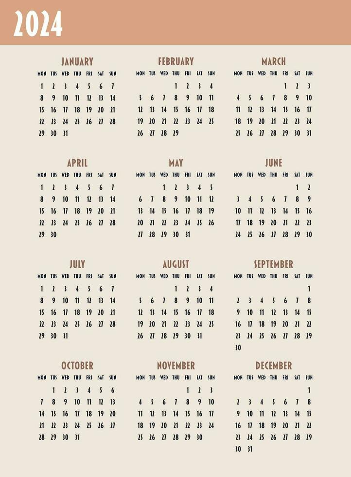 kalender 2024 jaar. week begint Aan maandag. ontwerp voor planner, afdrukken, briefpapier, organisator. vector