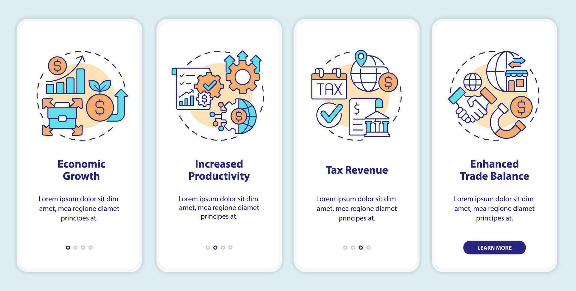 2d lineair pictogrammen vertegenwoordigen buitenlands direct investering mobiel app scherm set. 4 stappen bewerkbare grafisch instructies, ui, ux, gui sjabloon. vector