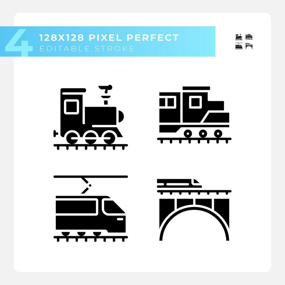 locomotief pixel perfect zwart glyph pictogrammen reeks Aan wit ruimte. trein motor. het spoor technologie. spoorweg vervoer. silhouet symbolen. solide pictogram pak. vector geïsoleerd illustratie