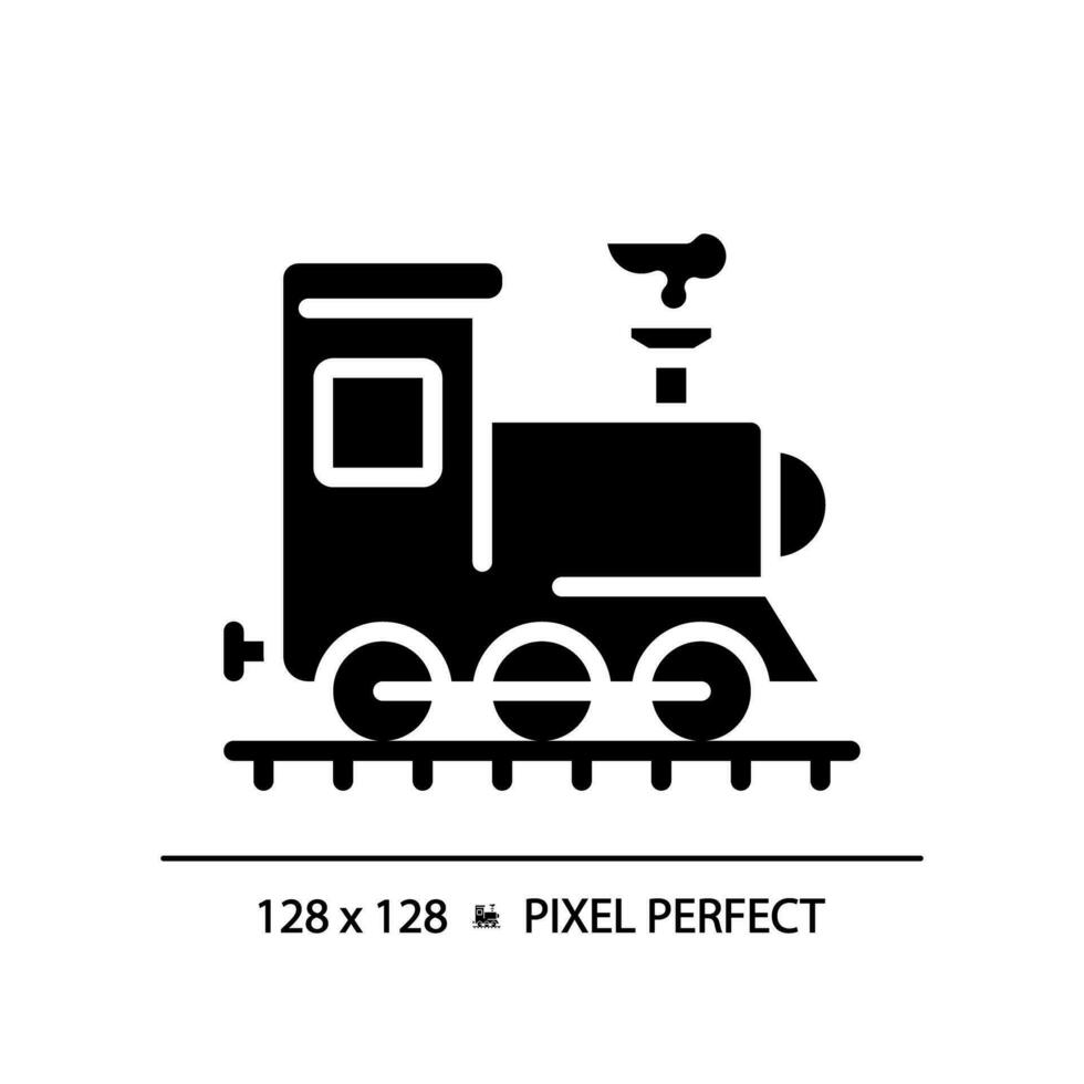 stoom- locomotief pixel perfect zwart glyph icoon. het spoor voertuig. retro trein. spoorweg vervoer. industrieel revolutie. silhouet symbool Aan wit ruimte. solide pictogram. vector geïsoleerd illustratie