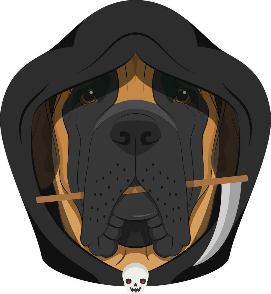 halloween groet kaart. Engels mastiff hond gekleed met zwart kap en een klein zeis in de mond vector
