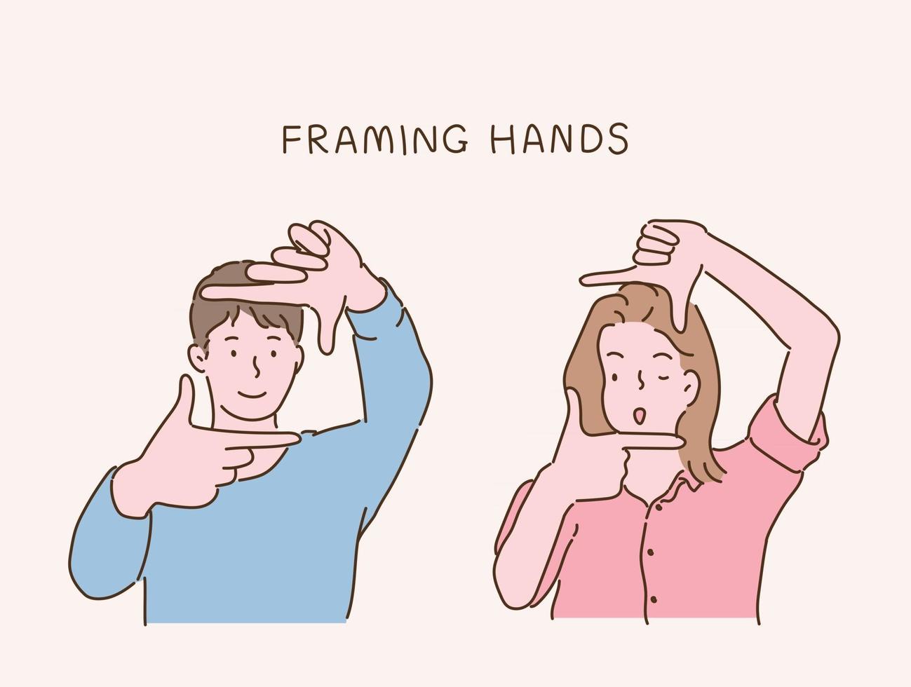 een man en een vrouw maken fotolijsten met hun handen. handgetekende stijl vectorontwerpillustraties. vector