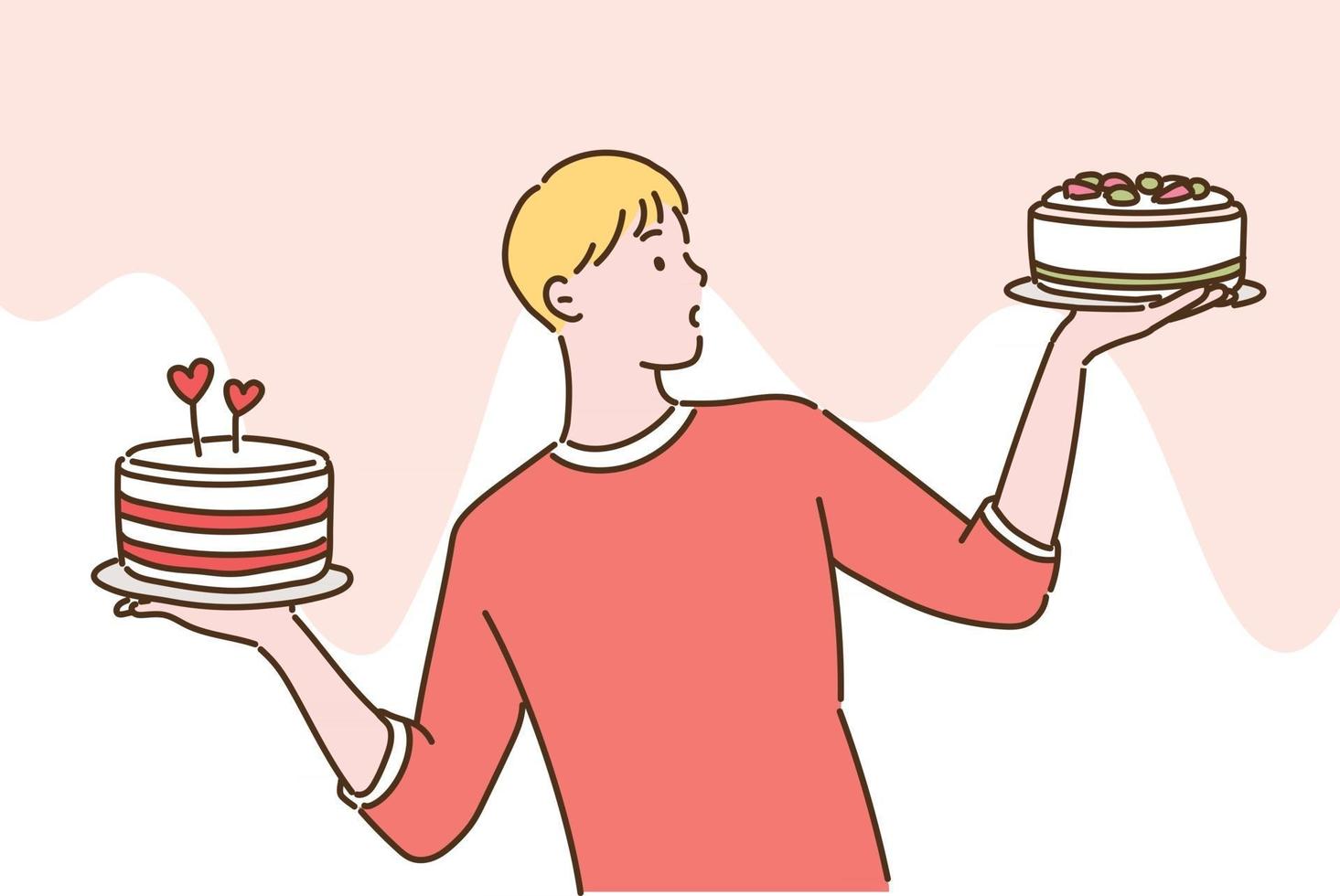 een man houdt een taart in beide handen en maakt een keuze. handgetekende stijl vectorontwerpillustraties. vector
