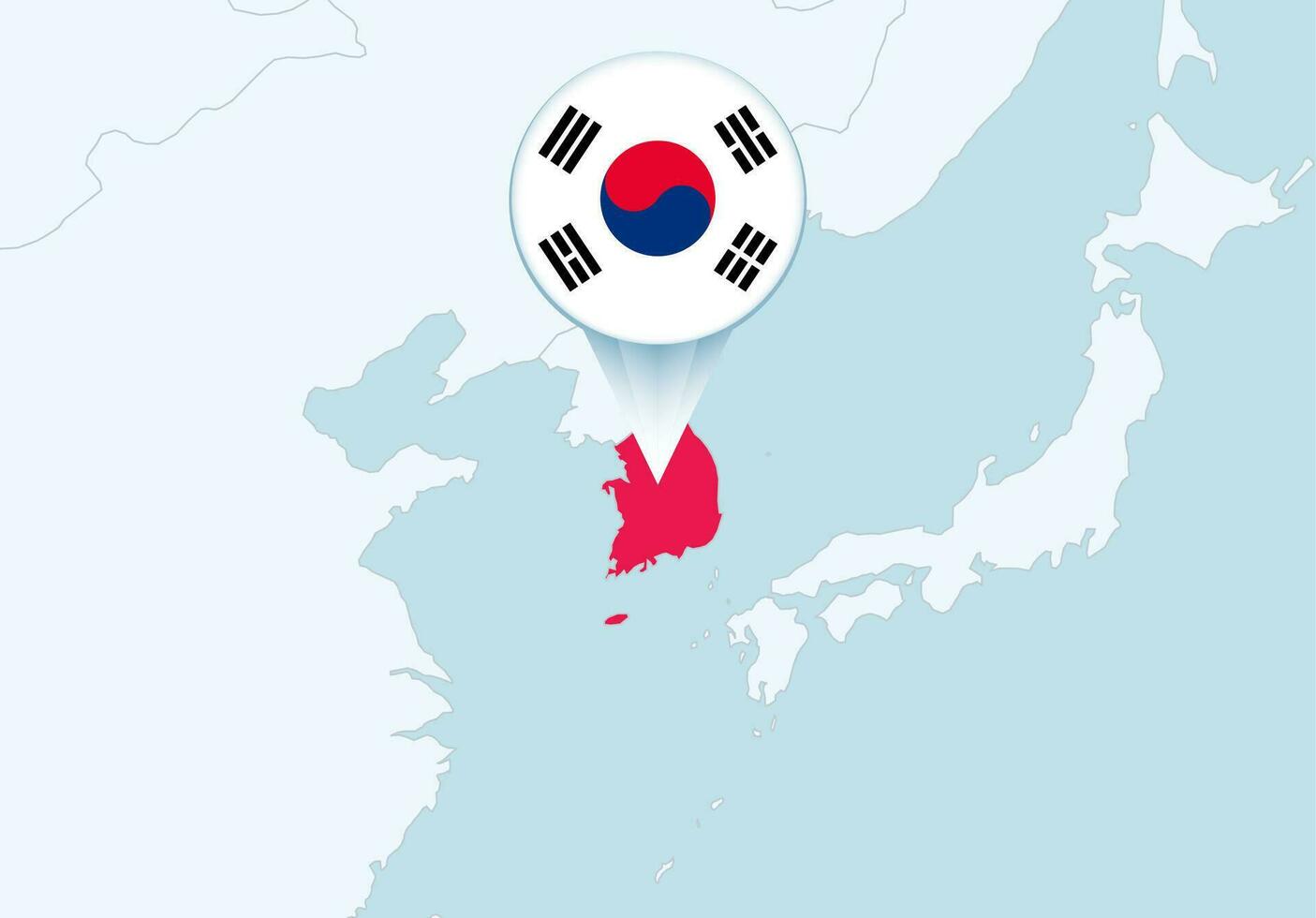 Azië met geselecteerd zuiden Korea kaart en zuiden Korea vlag icoon. vector