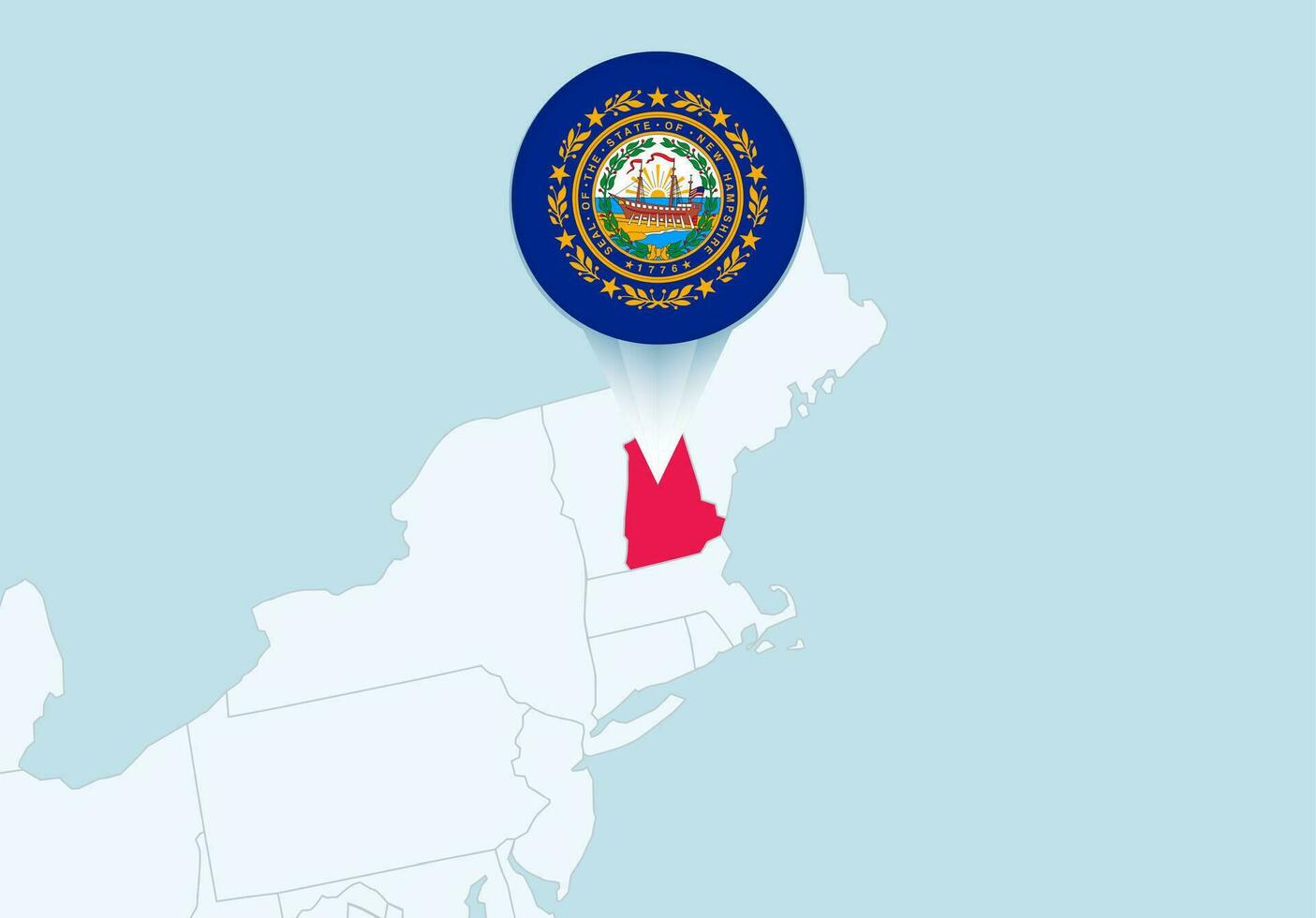 Verenigde staten met geselecteerd nieuw hampshire kaart en nieuw hampshire vlag icoon. vector