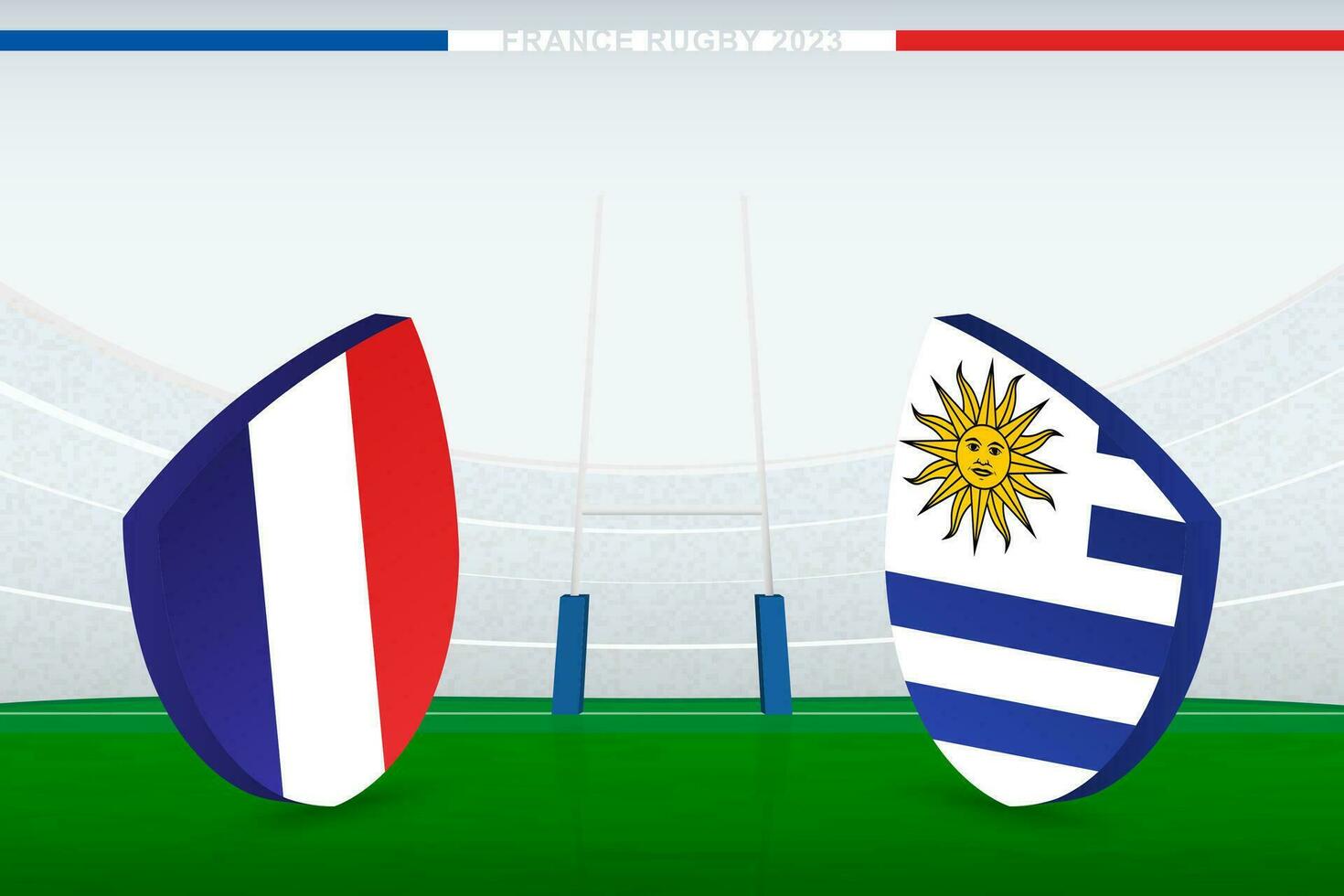 bij elkaar passen tussen Frankrijk en Uruguay, illustratie van rugby vlag icoon Aan rugby stadion. vector