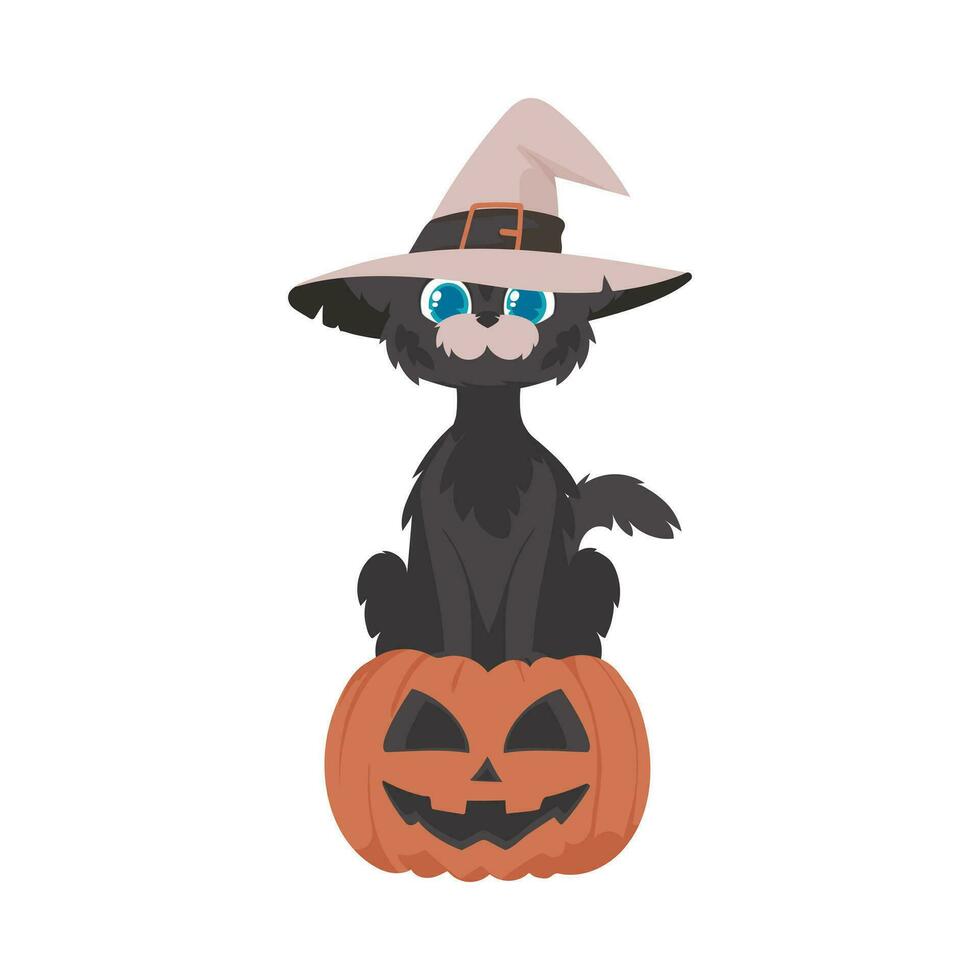 een grappig zwart kat vervelend een heks hoed is zittend Aan een pompoen. de halloween thema is allemaal over eng en spookachtig dingen dat zijn verwant naar halloween. tekenfilm stijl, vector illustratie