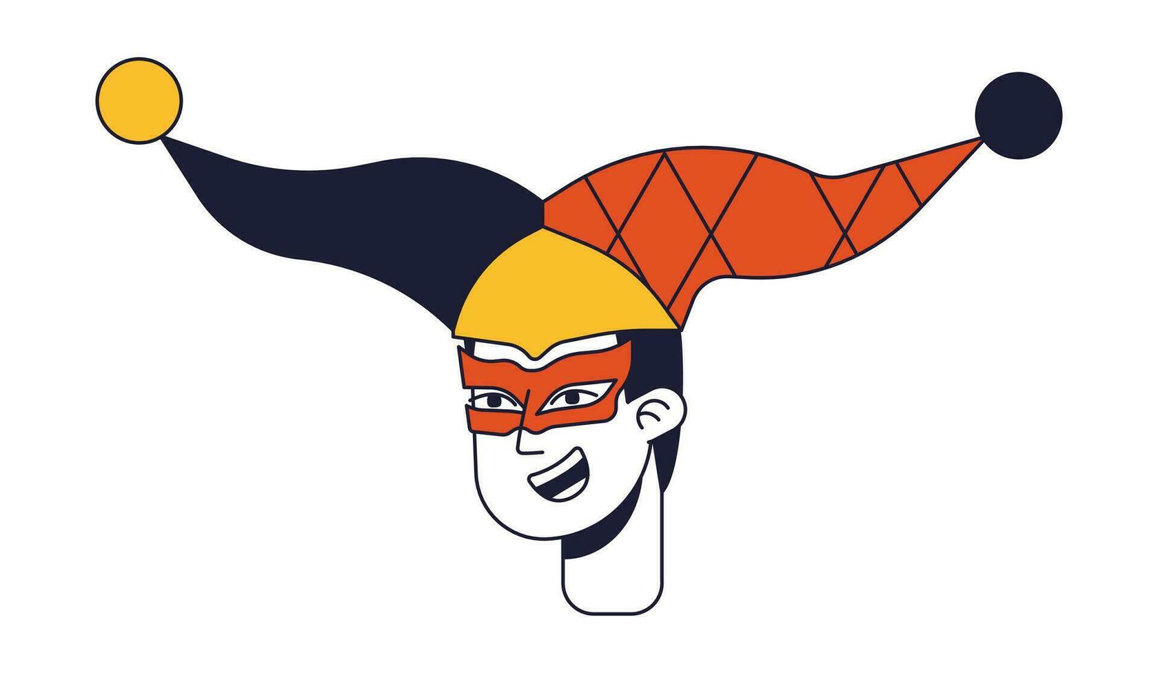 gelukkig grappenmaker glimlachen vlak lijn kleur vector karakter hoofd. carnaval hoed met ballen. bewerkbare tekenfilm avatar icoon. gezicht emotie. gemakkelijk tekenfilm plek illustratie voor web grafisch ontwerp