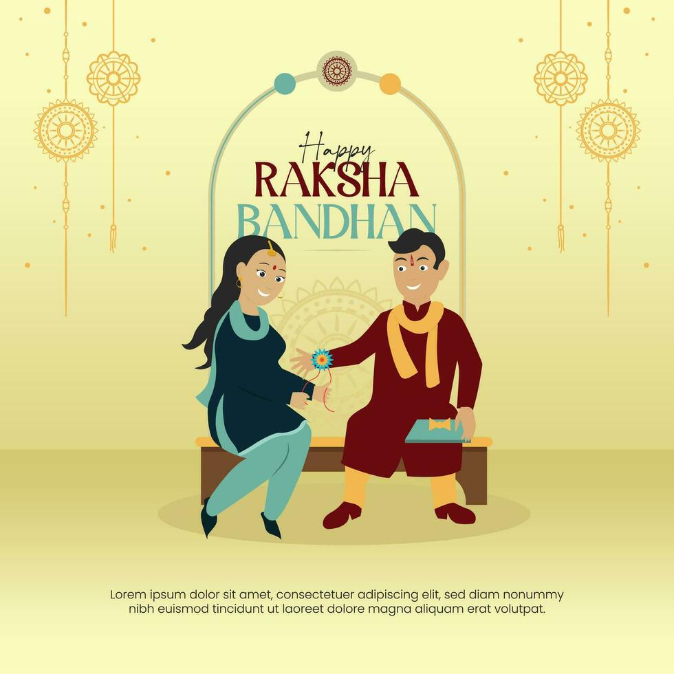 raksha bandhan sociaal media sjabloon, rakhi banier, broer zus karakter vector