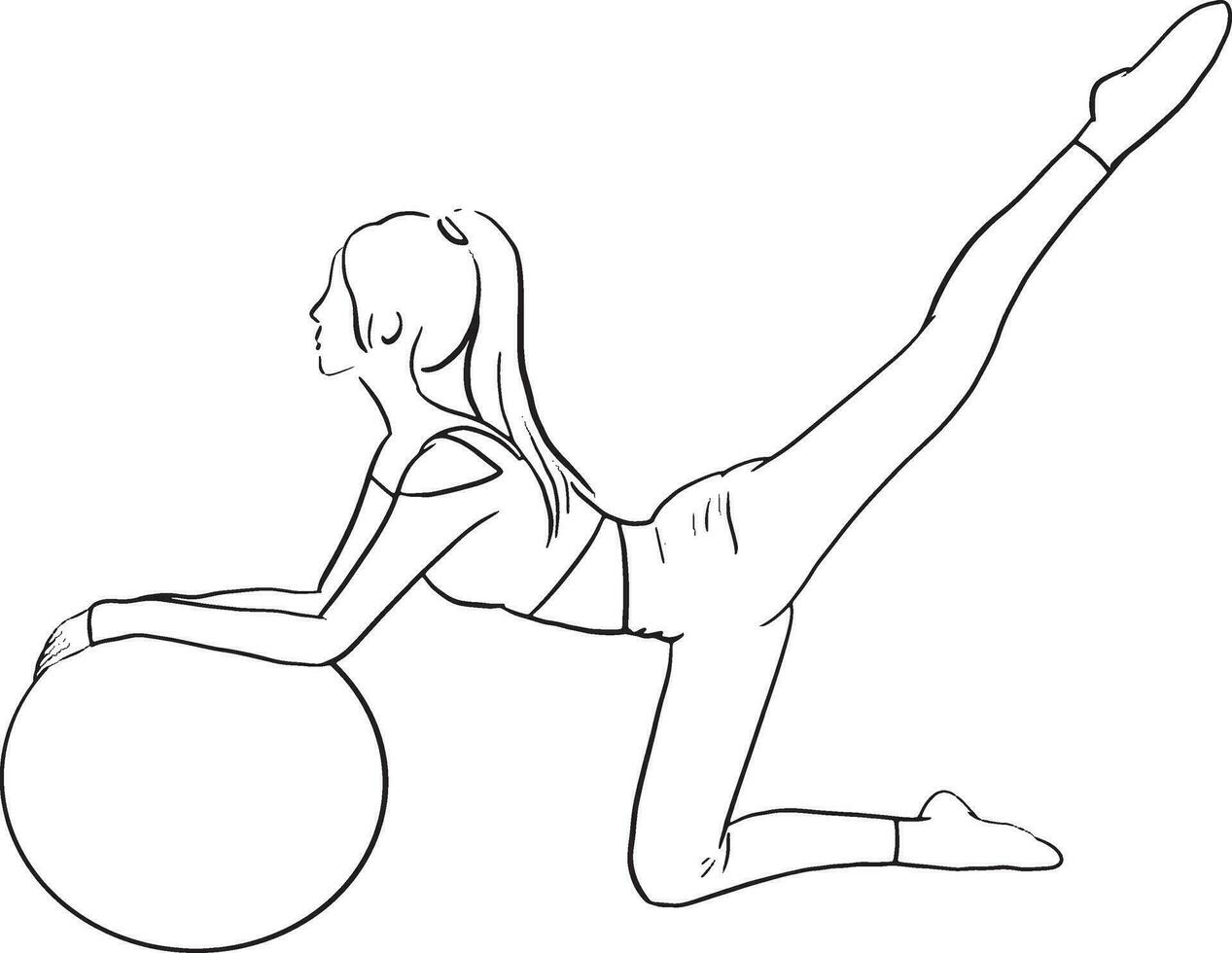 pilates opleiding concept vector illustratie. vrouw beoefenen pilates met bal.