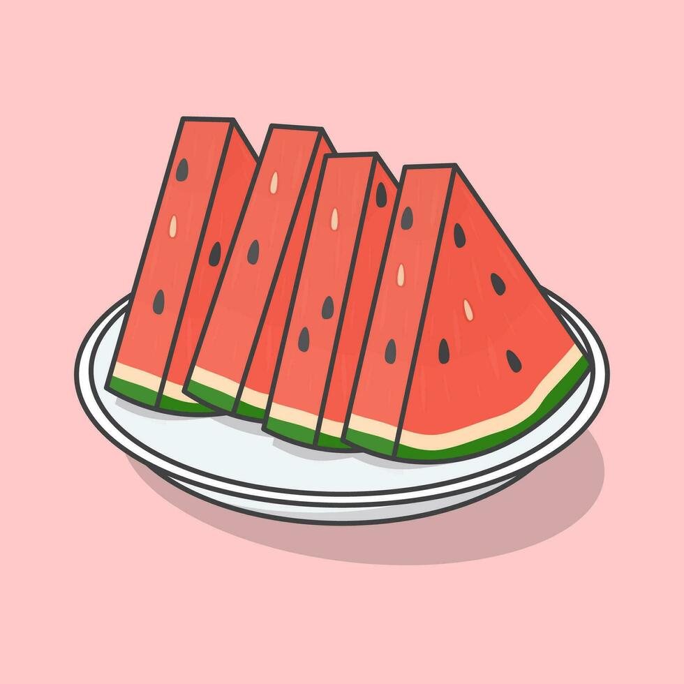 stukken van watermeloen Aan een bord tekenfilm vector illustratie. vers watermeloen vlak icoon schets