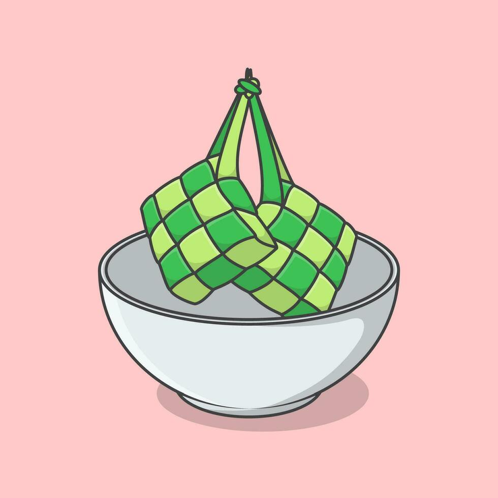 ketupat of rijst- knoedel in kom tekenfilm vector illustratie. eid al fitr ketupat rijst- voedsel vlak icoon schets