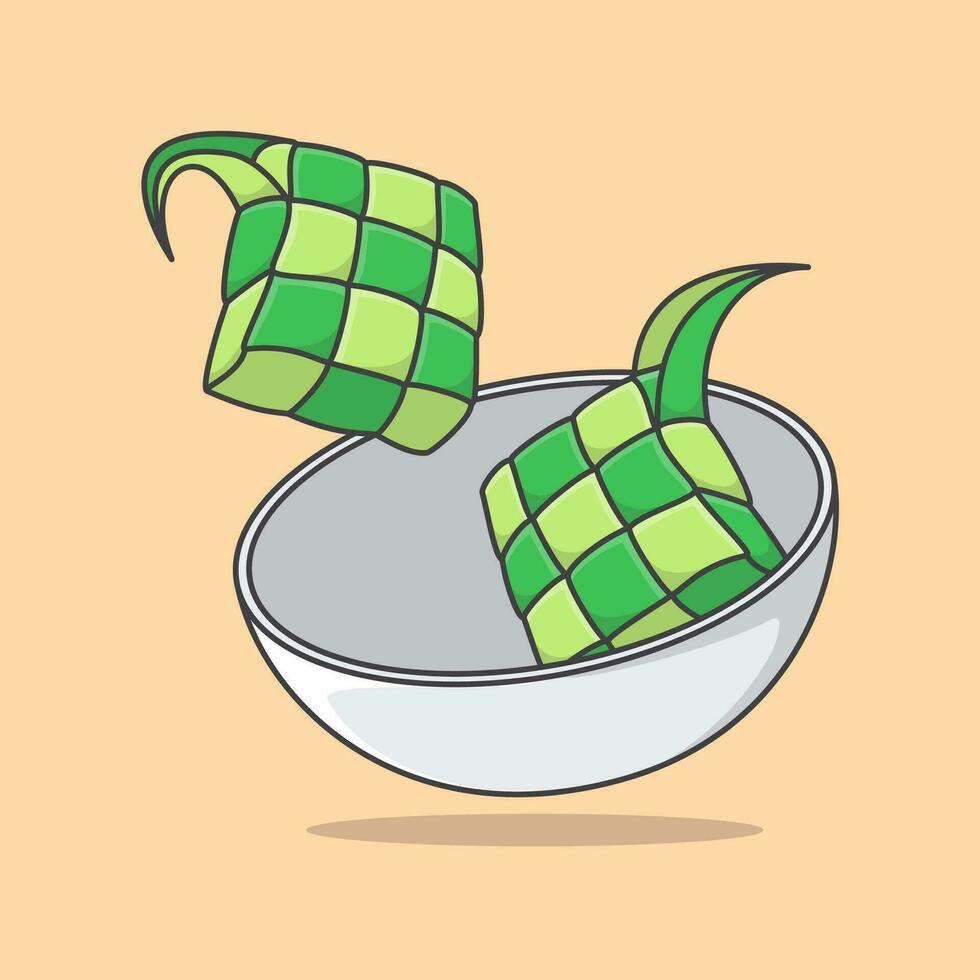 ketupat of rijst- knoedel in wit kom tekenfilm vector illustratie. eid al fitr ketupat rijst- voedsel vlak icoon schets