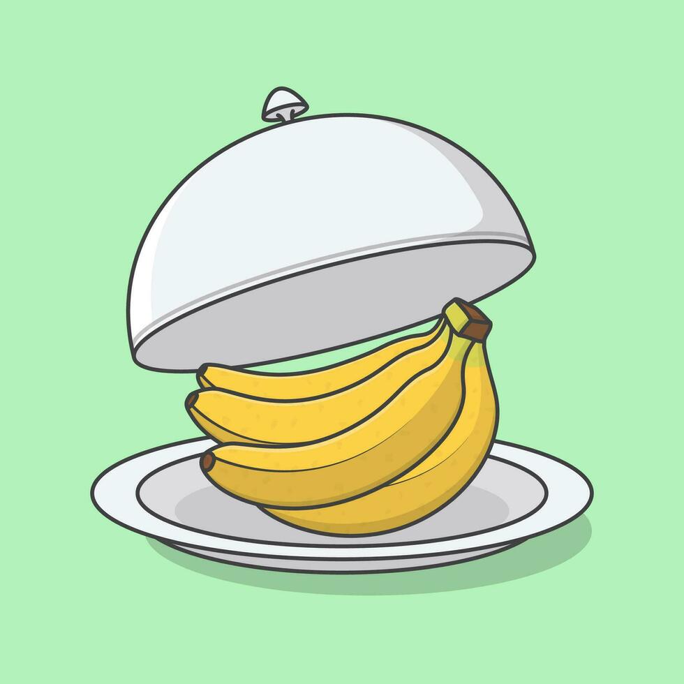 geopend restaurant cloche met banaan tekenfilm vector illustratie. vers banaan fruit vlak icoon schets